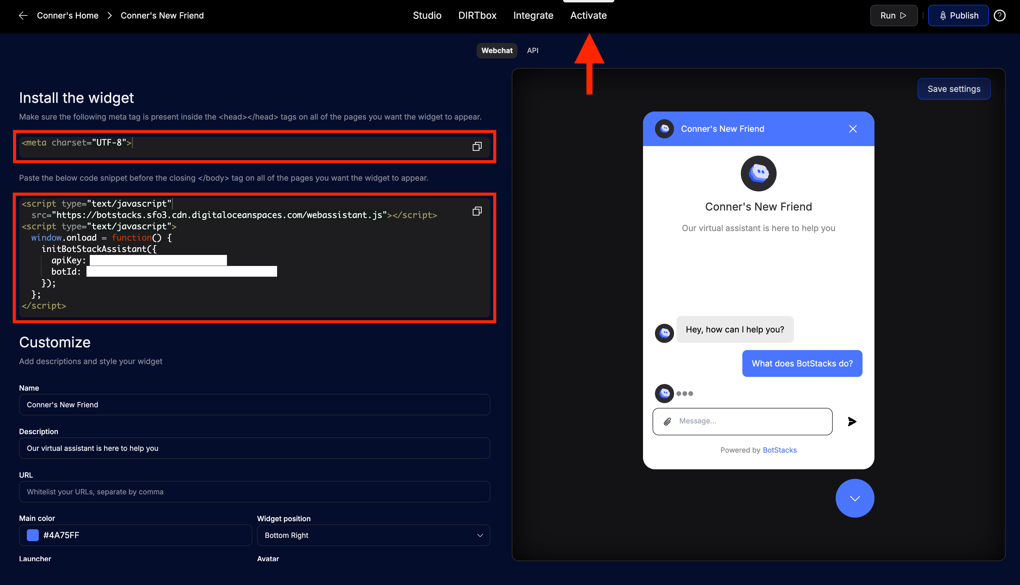 Activate tab with widget code