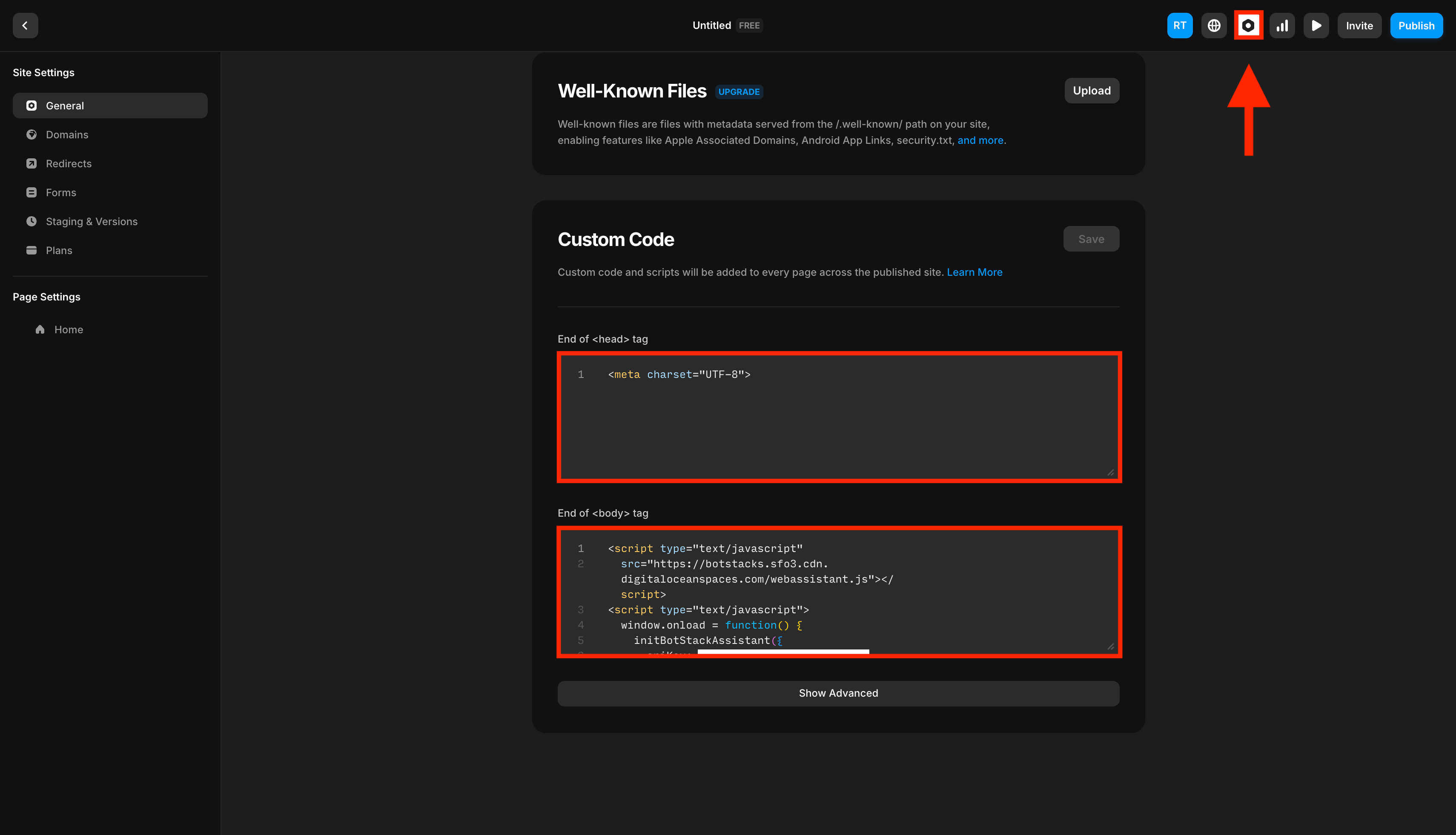 Framer settings with custom code sections highlighted