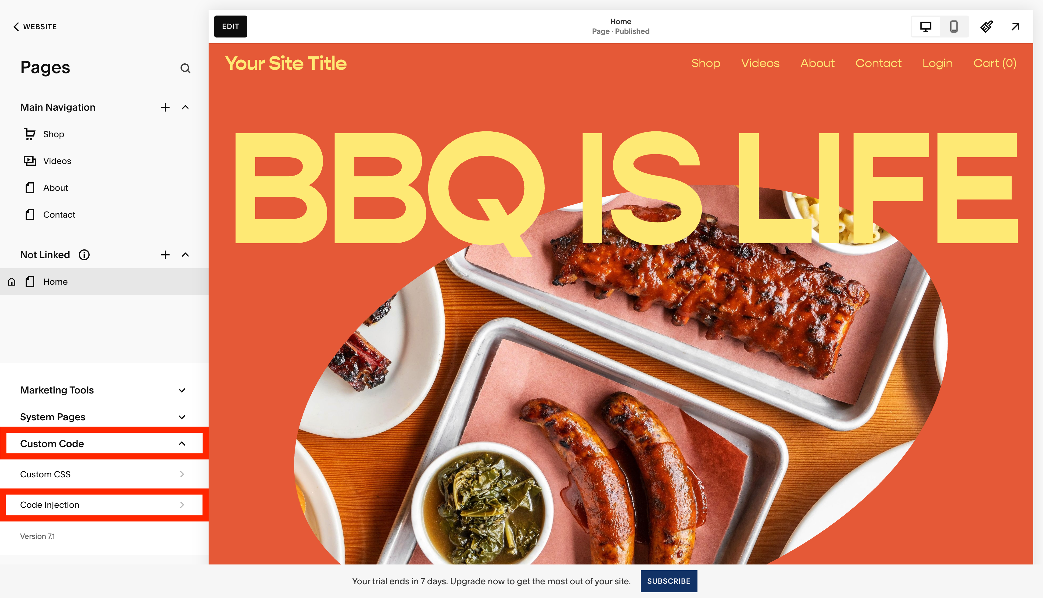Squarespace Custom Code navigation highlighted
