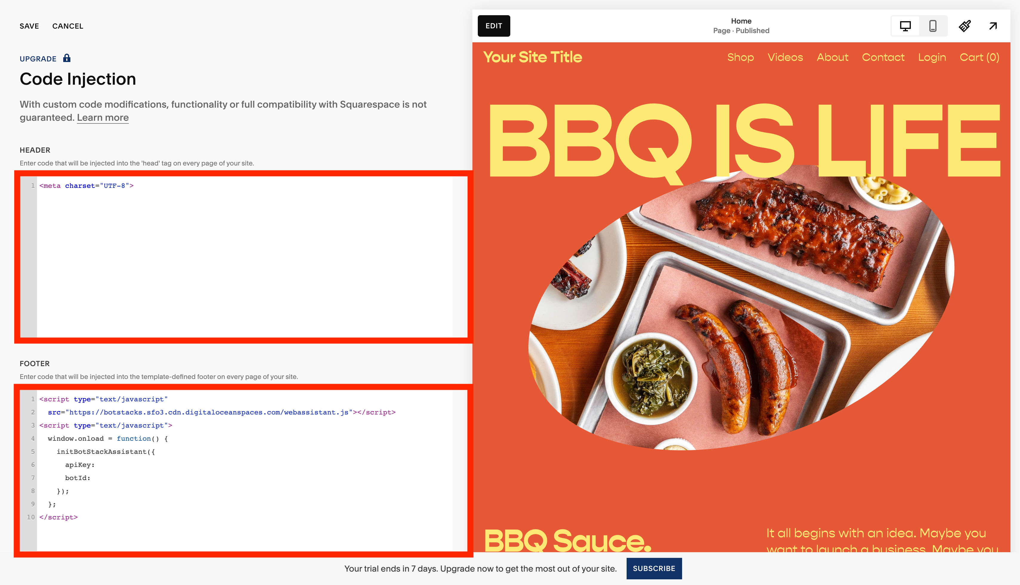 Squarespace Code Injection panel with Header and Footer sections