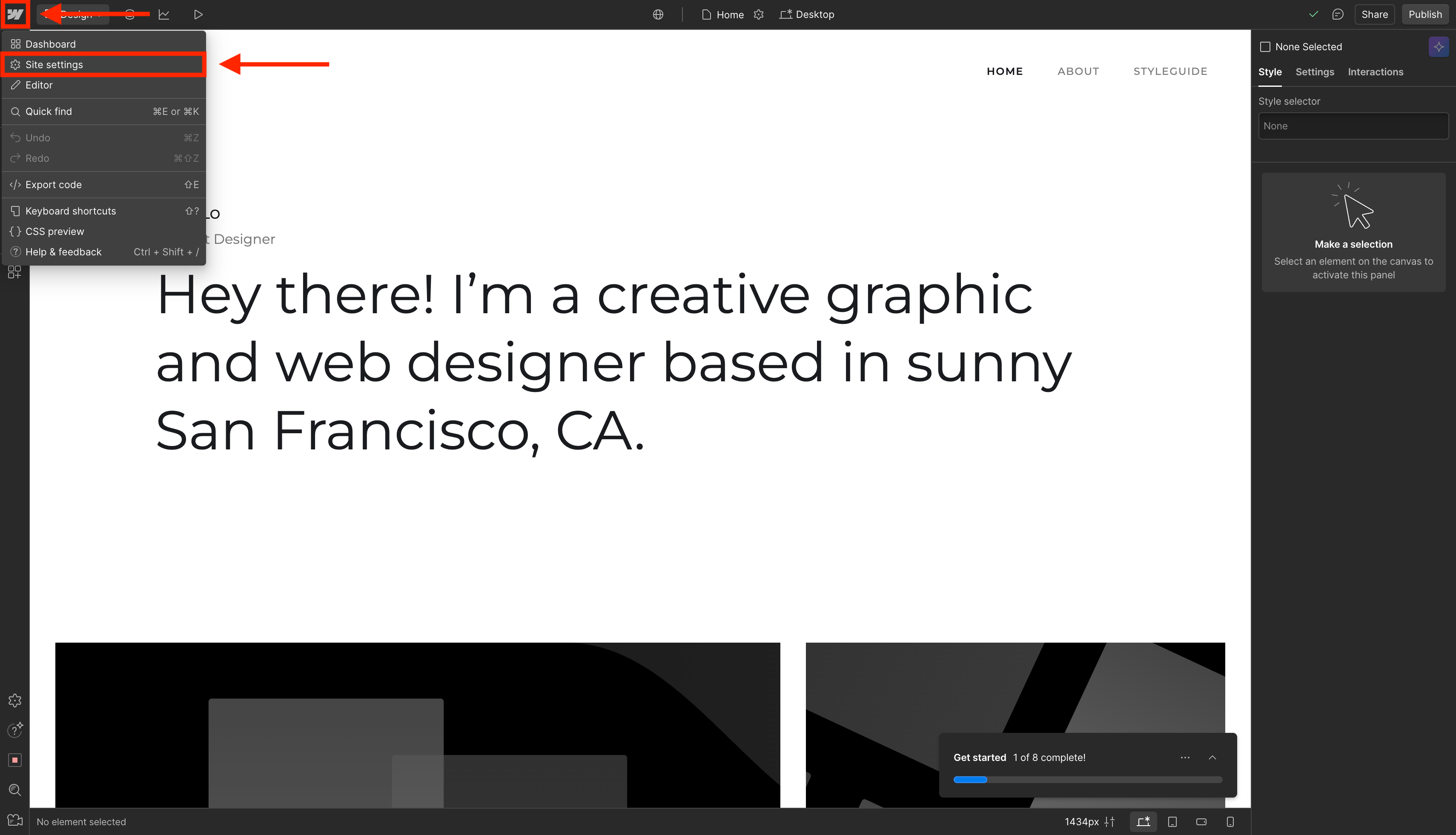 Webflow Designer with Settings panel